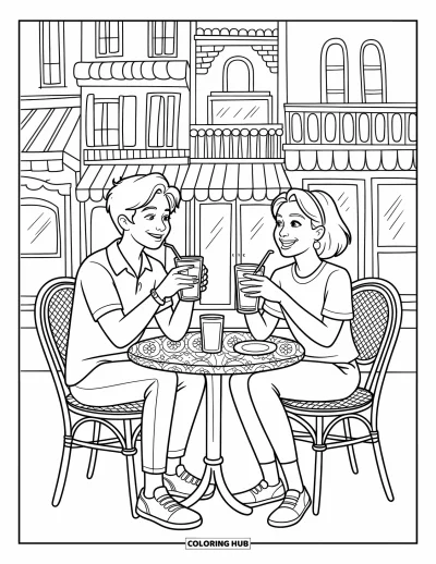 Coloriage de l'amitié pour enfants : Des amis rient en sirotant des boissons fraîches dans un café de rue avec des chaises colorées et des tenues à motifs