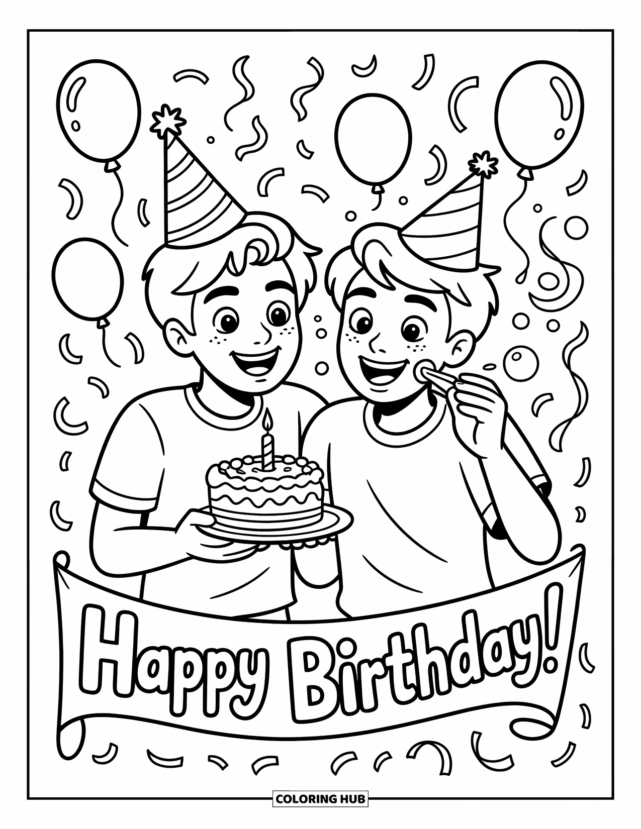Friendship Coloring Page for Kids: One friend blows bubbles while the other smiles with cake under a "Happy Birthday" banner