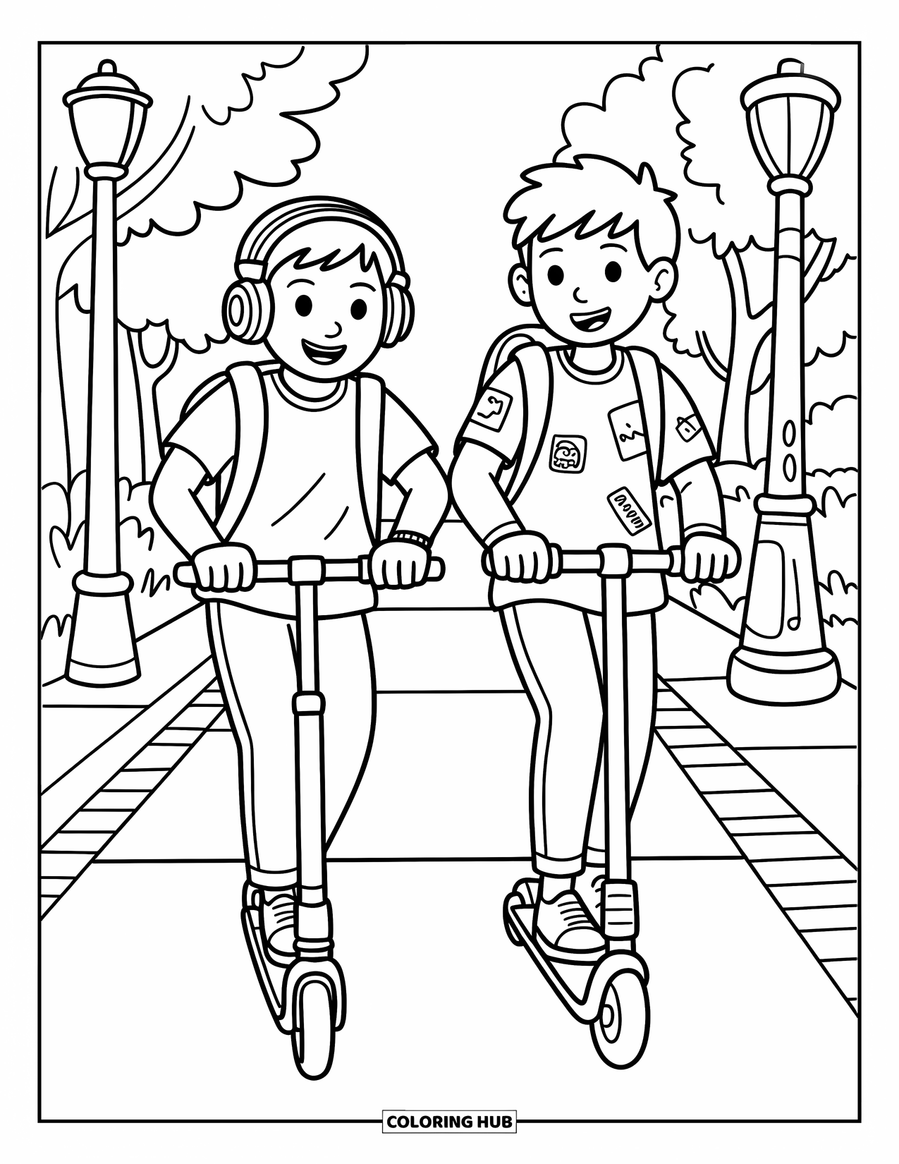 Friendship Coloring Page for Kids: One teen wears headphones, the other a backpack, as they scoot through a playful path