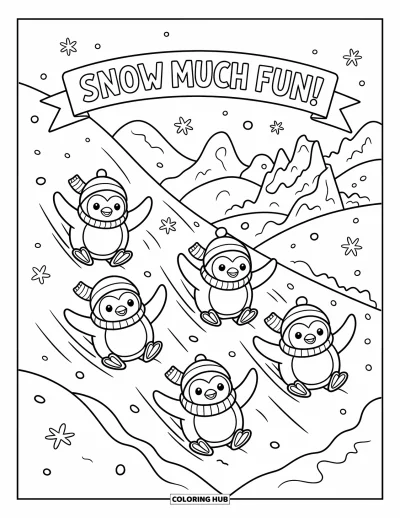 Coloriage de l'amitié pour enfants : Des poussins manchots glissent joyeusement sur une pente enneigée près d'un château de glace et d'une banderole
