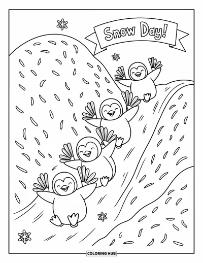 Coloriage de l'amitié pour enfants : Des petits manchots glissent sur le ventre sous une banderole « JOUR DE NEIGE ! » avec des visages tout heureux