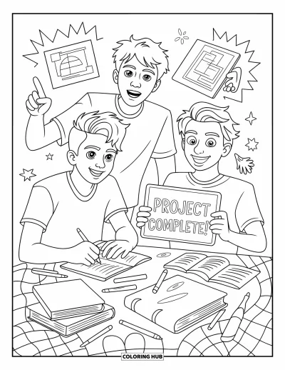 Coloriage de l'amitié pour enfants : Temps de projet entre amis — croquis, saisie et apprentissage ensemble autour d'un bureau bien animé