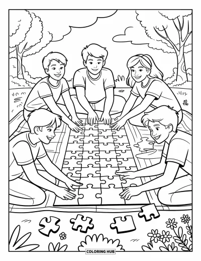 Coloriage de l'amitié pour enfants : Des pièces de puzzle éparpillées pendant que des amis les assemblent sous des arbres et un beau soleil