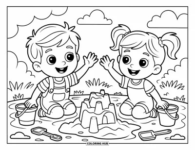 Coloriage de l'amitié pour enfants : Amusement dans le bac à sable alors que deux enfants se font signe par-dessus des jouets, des châteaux et des nuages moelleux