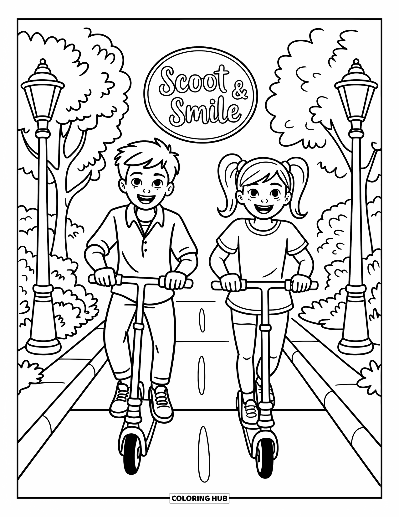 Friendship Coloring Page for Kids: Scooter buddies zoom past lampposts and trees, a "Scoot & Smile" sign overhead