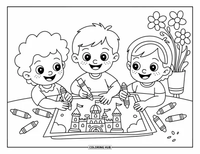 Coloriage de l'amitié pour enfants : Des enfants souriants dessinent avec des crayons de couleur, entourés de fleurs et de jolis petits détails