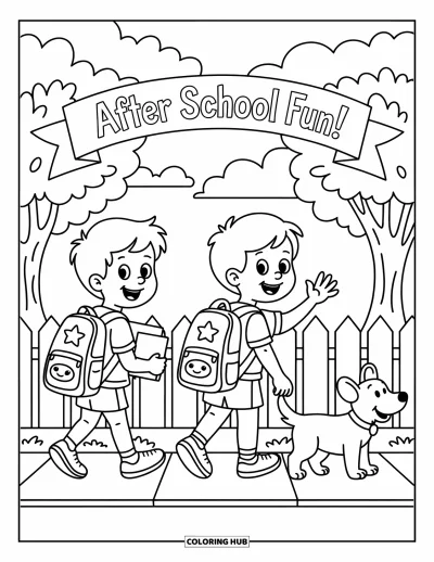 Coloriage de l'amitié pour enfants : Des écoliers souriants rentrent chez eux en bavardant sous un panneau « Après l'école, c'est la fête ! »