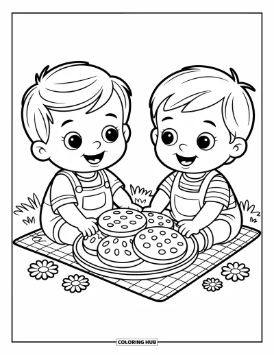 Coloriage de l'amitié pour enfants : De petits enfants souriants grignotent des biscuits avec des étoiles et des cœurs, entourés de marguerites