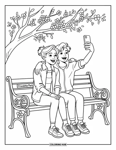 Coloriage de l'amitié pour enfants : Des ados rient sous des cerisiers en fleurs, immortalisant le moment avec un selfie plein de bonne humeur