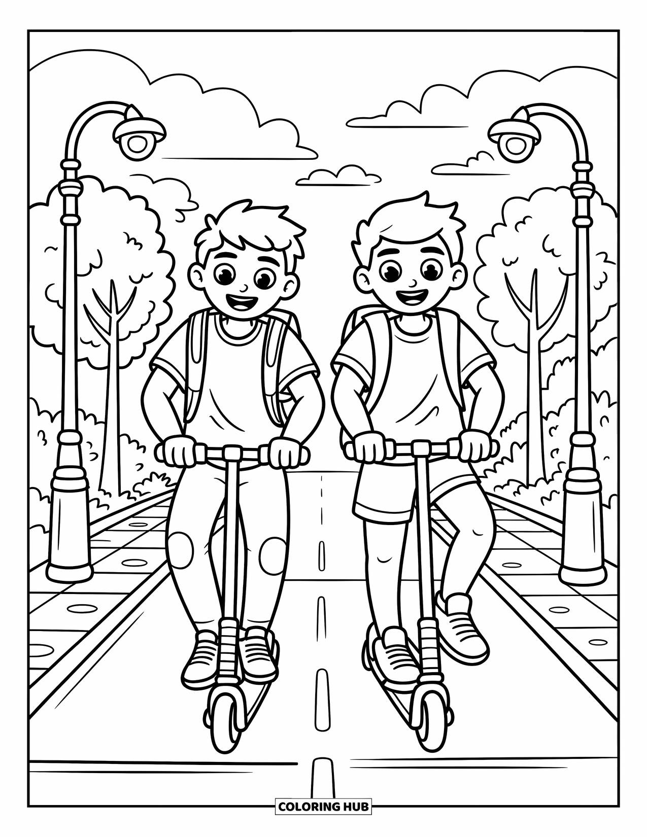 Friendship Coloring Page for Kids: Teens ride scooters through a fun neighborhood, sharing smiles and cool scooter designs