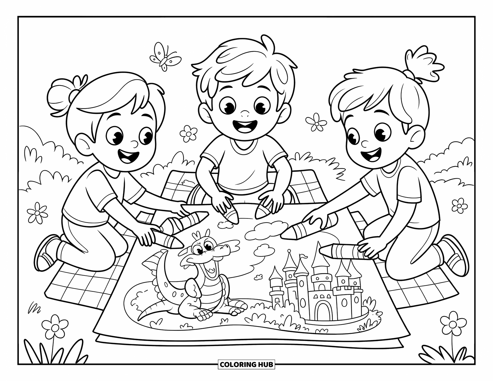 Friendship Coloring Page for Kids: Three friends draw together on a big paper with crayons, butterflies, and fun ideas