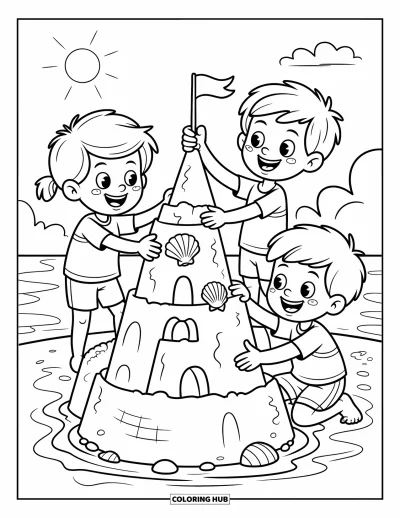Coloriage de l'amitié pour enfants : Trois enfants construisent un château de sable avec des coquillages, des drapeaux et des rires sur une plage ensoleillée