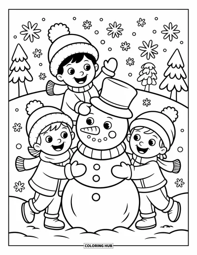 Coloriage de l'amitié pour enfants : Trois enfants construisent un bonhomme de neige, entourés d'arbres, de flocons et de fous rires hivernaux