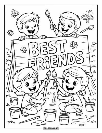 Coloriage de l'amitié pour enfants : Trois enfants peignent ensemble un panneau « Meilleurs amis », entourés de fleurs et de papillons