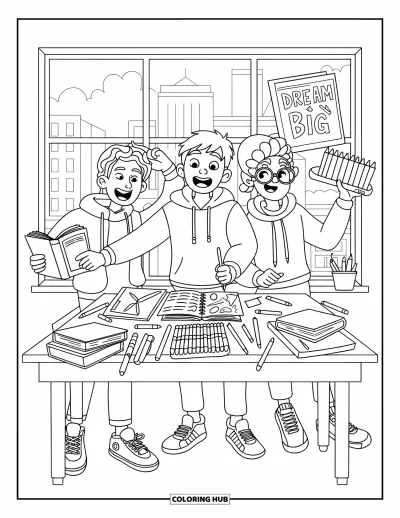 Coloriage de l'amitié pour enfants : Trois ados travaillent ensemble sur un projet, entourés de livres, de croquis et de fournitures créatives
