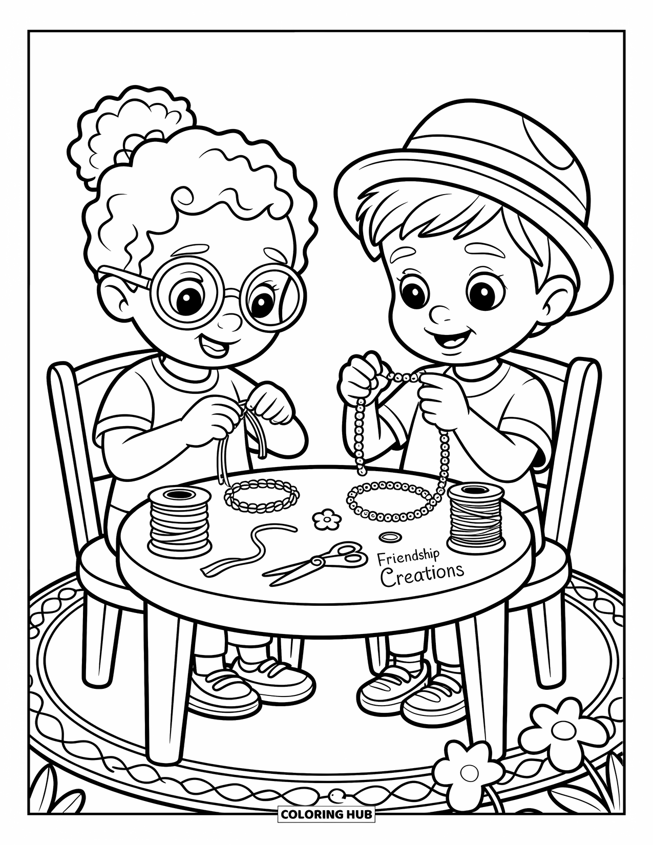 Friendship Coloring Page for Kids: Two children create bracelets with beads and thread on a playful "Friendship Creations" table