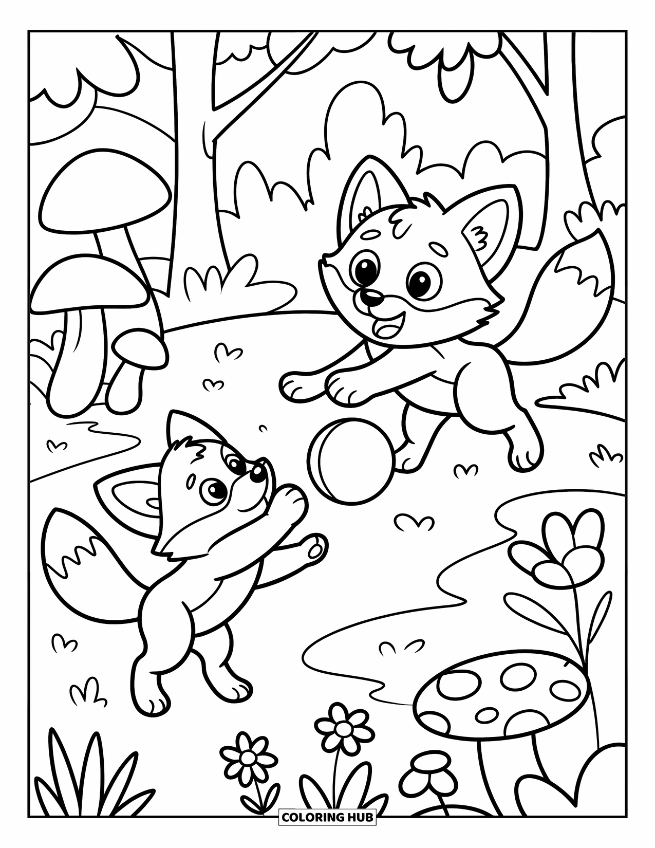 Friendship Coloring Page for Kids: Two fox cubs toss a ball in a forest clearing filled with mushrooms and flowers