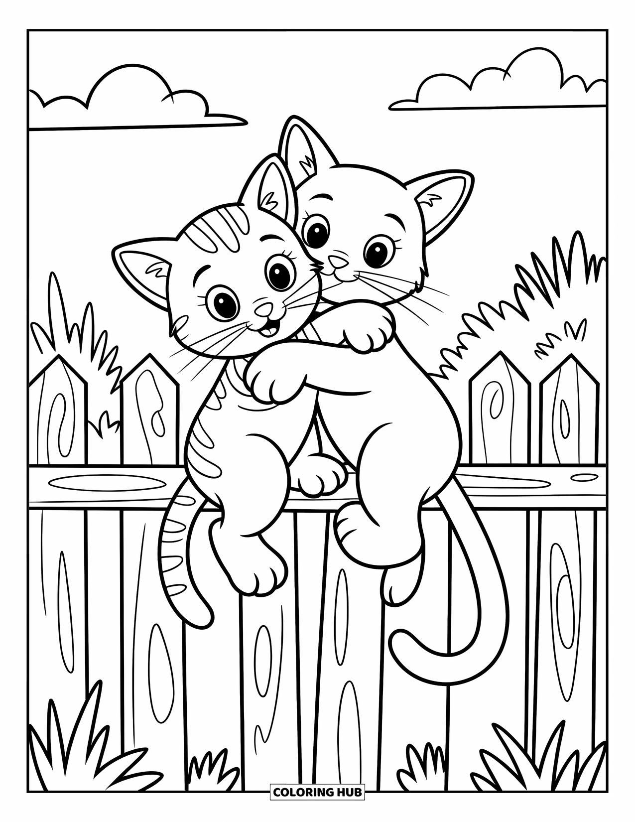 Friendship Coloring Page for Kids: Two friendly cats perch on a fence with clouds, grass, and their tails wrapped together
