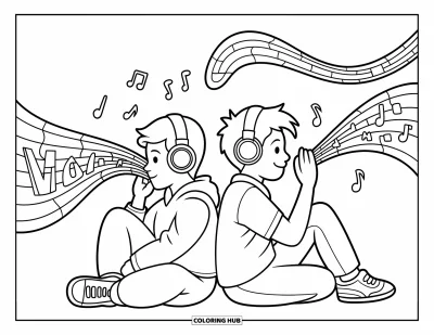 Coloriage de l'amitié pour enfants : Deux amis assis dos à dos, perdus dans leur musique avec des ondes sonores toutes mignonnes