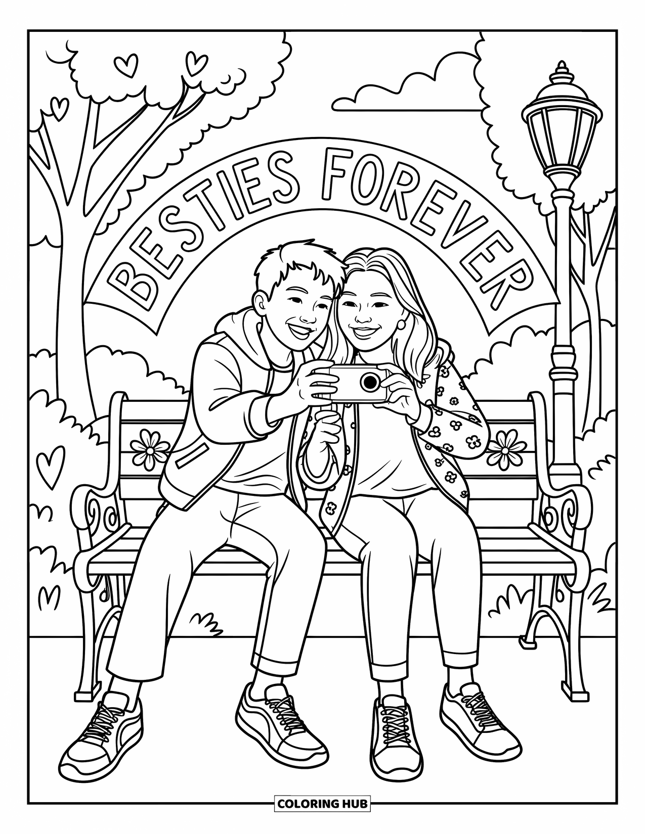 Friendship Coloring Page for Kids: Two friends snap a selfie on a park bench, surrounded by hearts and leafy trees