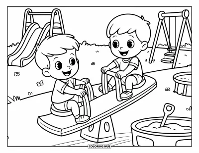 Coloriage de l'amitié pour enfants : Deux enfants heureux font de la balançoire à bascule dans l'aire de jeux, souriant avec balançoires et toboggans à proximité