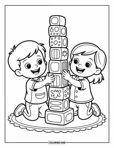 Coloriage de l'amitié pour enfants : Deux enfants construisent une haute tour de blocs avec des motifs rigolos et une belle complicité