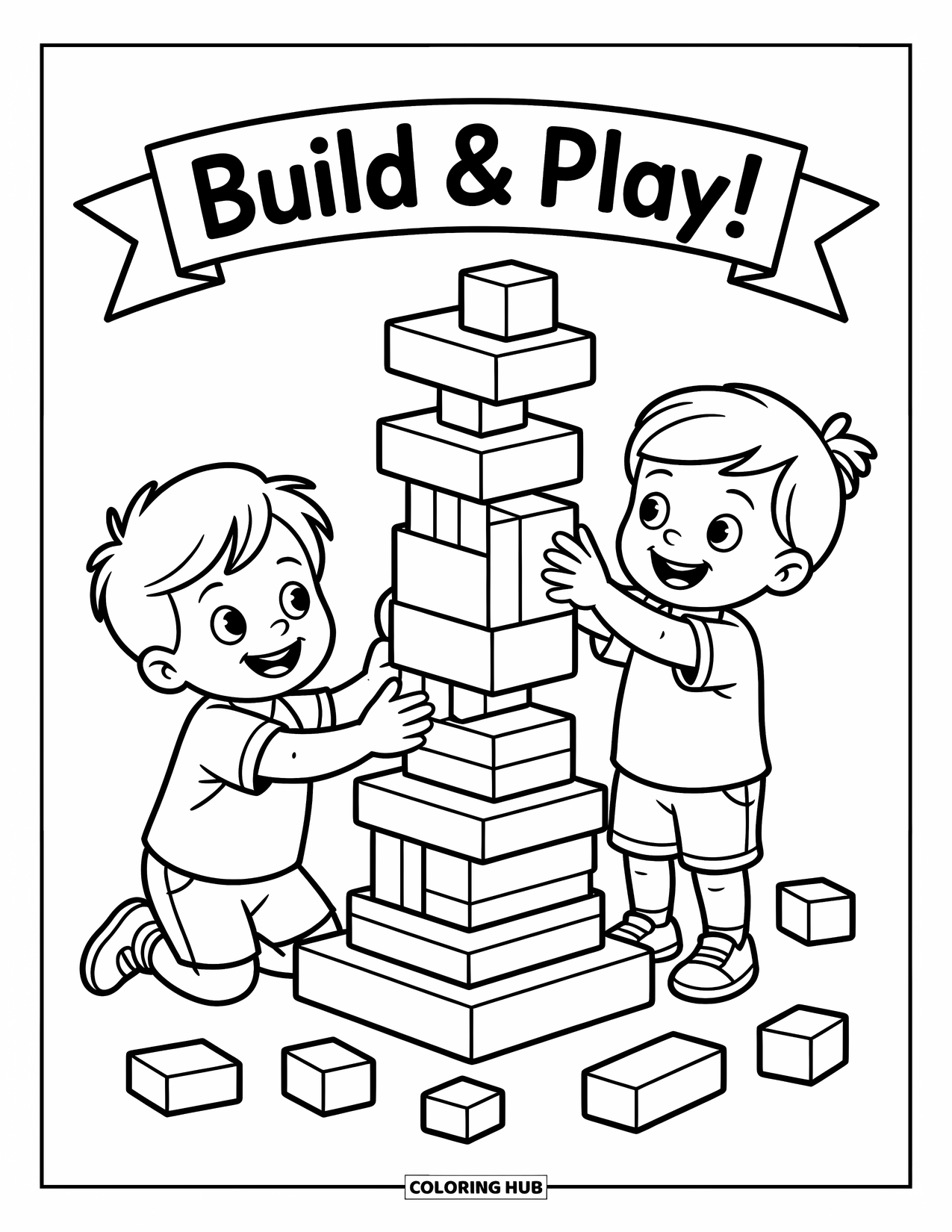 Friendship Coloring Page for Kids: Two kids build a tower with playful blocks and a "BUILD & PLAY!" banner