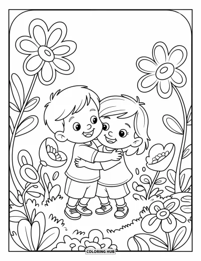 Coloriage de l'amitié pour enfants : Deux enfants se serrent dans les bras dans une prairie encadrée de fleurs colorées et de pétales enroulés