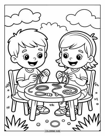 Coloriage de l'amitié pour enfants : Deux enfants fabriquent des bracelets d'amitié à une table avec des fils, des perles et de grands sourires