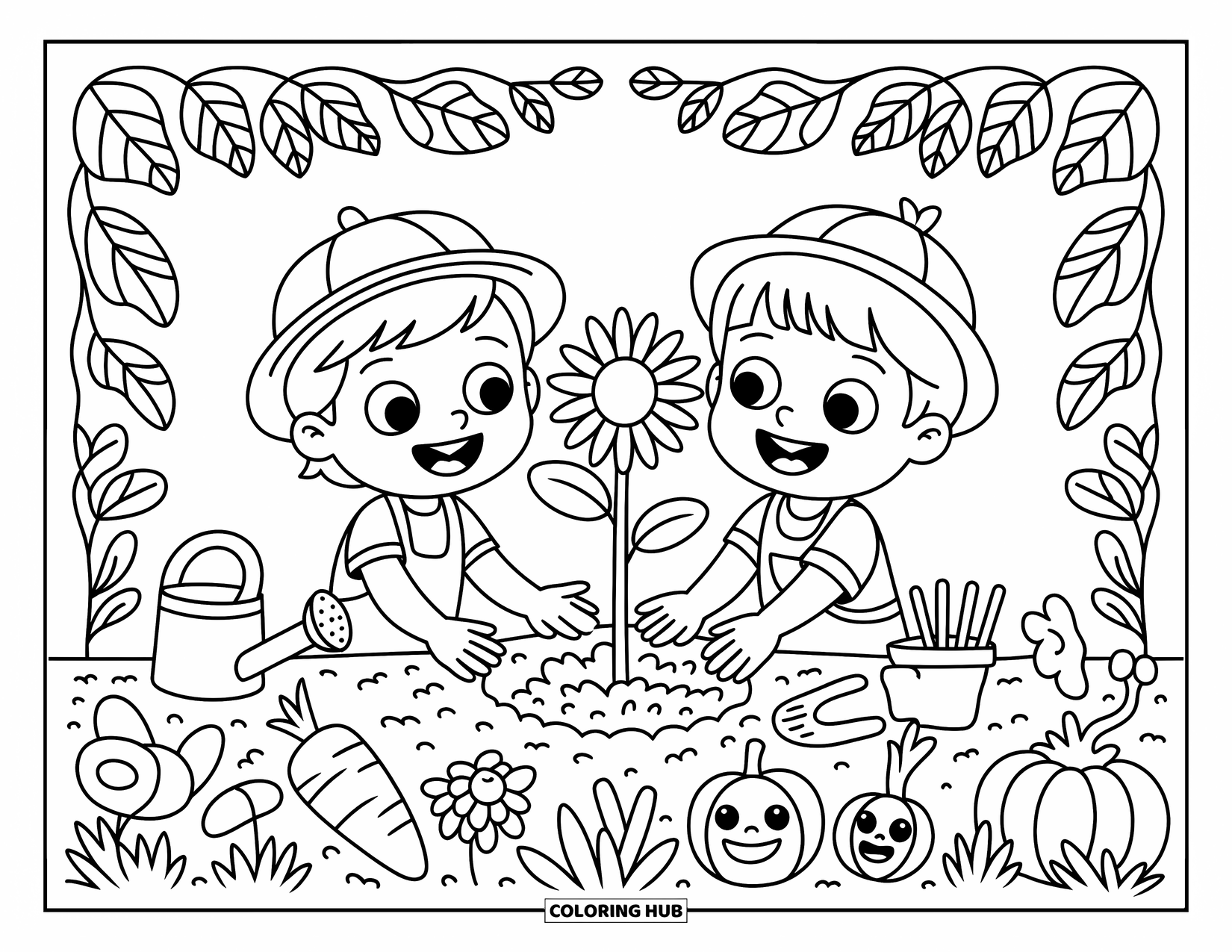 Friendship Coloring Page for Kids: Two kids plant a sunflower together, surrounded by smiling veggies and playful garden tools