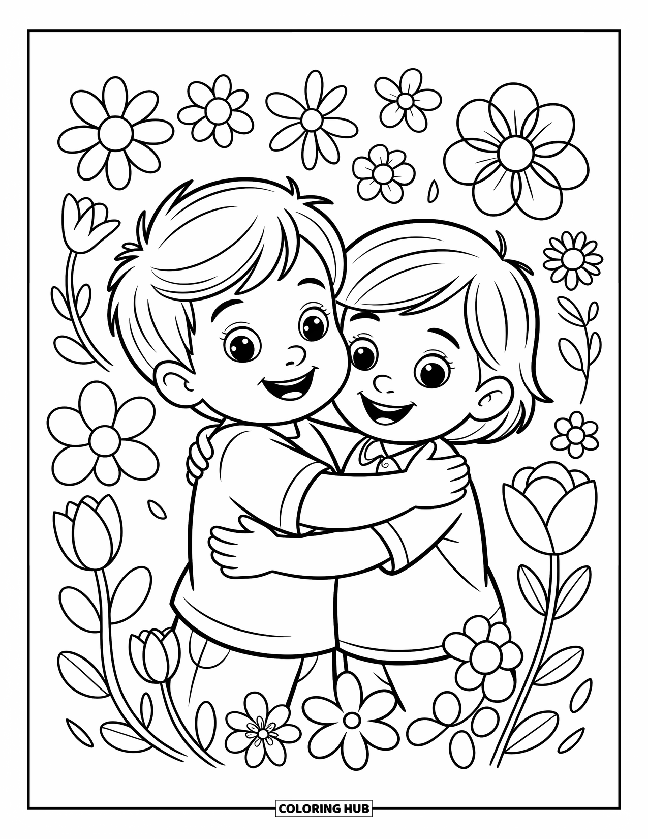 Friendship Coloring Page for Kids: Two kids share a happy hug surrounded by floating flowers in a sunny meadow