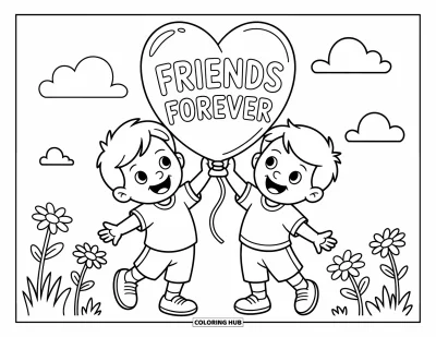 Coloriage de l'amitié pour enfants : Deux enfants dans un champ tiennent un ballon en forme de cœur avec l'inscription « Amis pour toujours »
