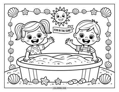 Coloriage de l'amitié pour enfants : Deux enfants se font signe par-dessus un bac à sable, souriants sous le soleil avec des coquillages et des étoiles de mer