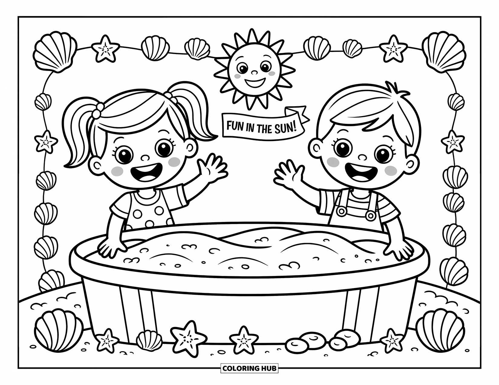 Friendship Coloring Page for Kids: Two kids wave across a sandbox, smiling under the sun with shells and starfish nearby