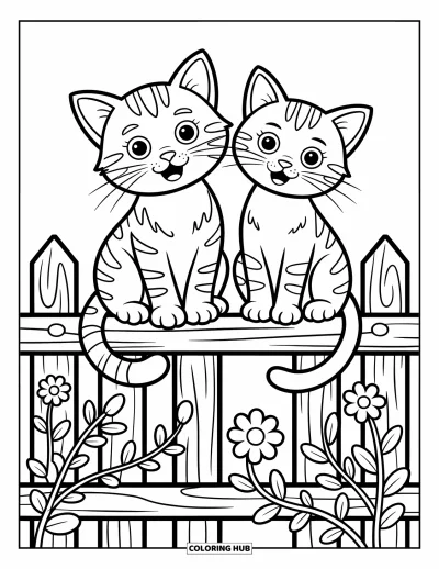 Coloriage de l'amitié pour enfants : Deux chats espiègles perchés sur une clôture, queues entrelacées parmi des fleurs qui s'épanouissent