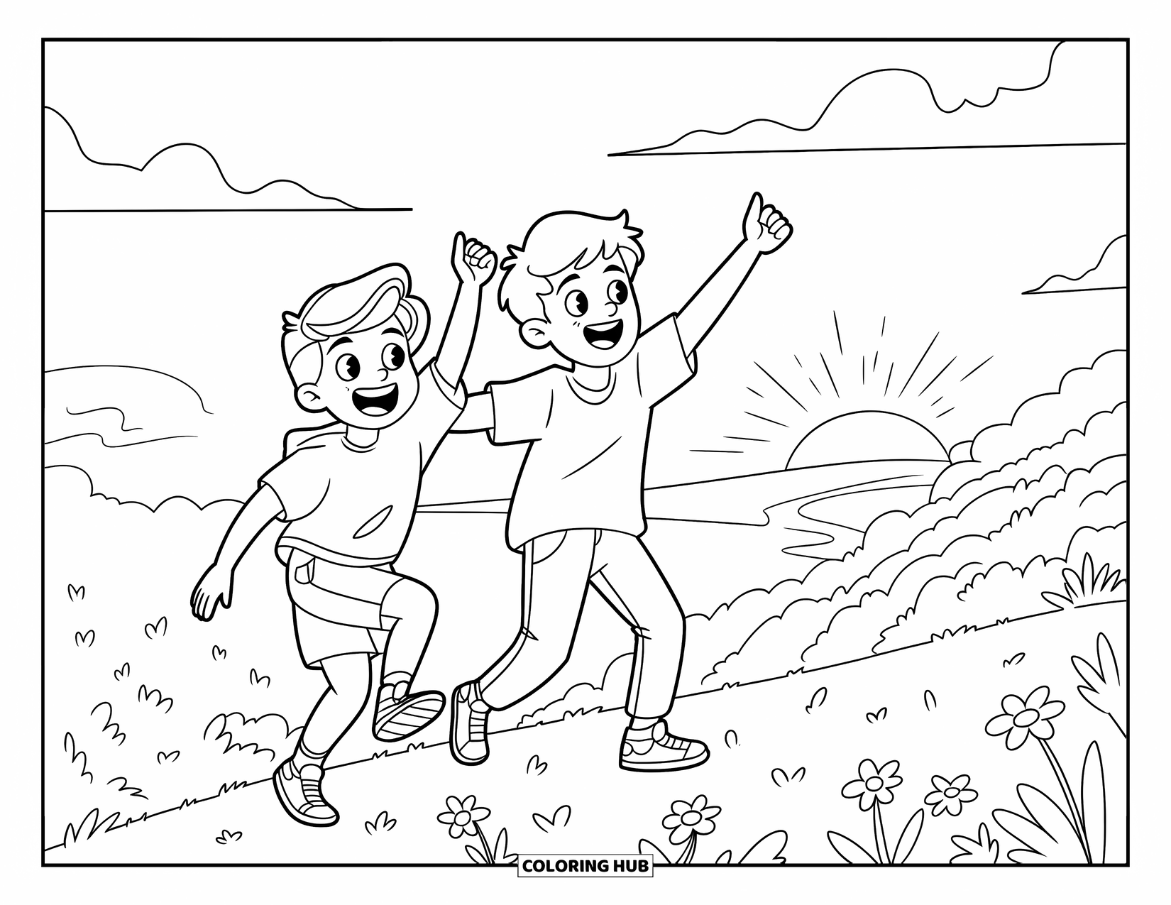 Friendship Coloring Page for Kids: Two teens cheerfully reach the hilltop, arms raised with joy and wildflowers around
