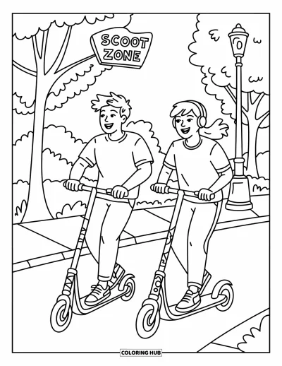Coloriage de l'amitié pour enfants : Deux ados en trottinette côte à côte, passant devant des arbres et un panneau « Zone de Scoot »