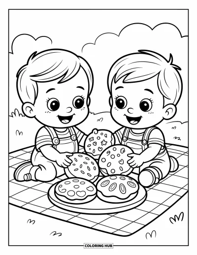 Coloriage de l'amitié pour enfants : Deux tout-petits savourent des biscuits sur un plaid de pique-nique avec des paillettes, des rayures et de grands sourires