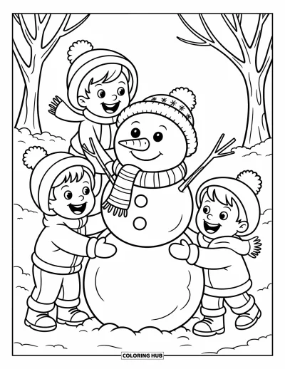 Coloriage de l'amitié pour enfants : Amusement hivernal où trois enfants roulent de la neige et ajoutent une écharpe à leur bonhomme