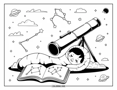 Galaxy Coloring Page for Adults: A child rests in a rocket sleeping bag near a telescope and constellation book