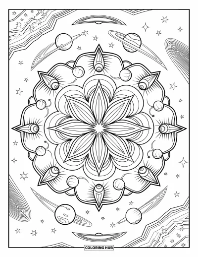 Galaxy Coloring Page for Adults: A cosmic mandala radiates with stars, planets, and comets in every direction