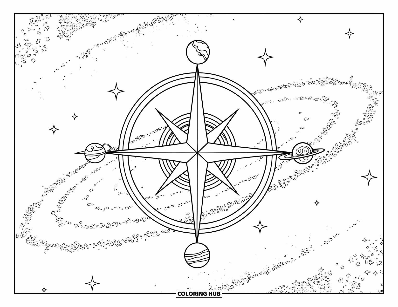 Galaxy Coloring Page for Adults: A galaxy core spins beneath a compass marked with tiny planet signs