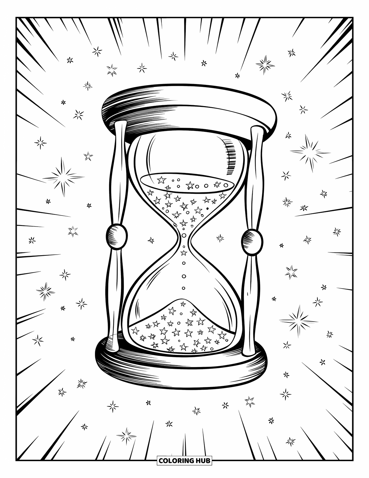 Galaxy Coloring Page for Adults: A glass hourglass gently holds scattered stars in the middle of space