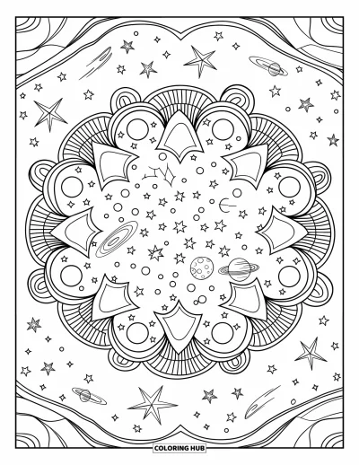 Galaxy Coloring Page for Adults: A layered mandala of stars, moons, planets, and swirling comets forms a peaceful circle