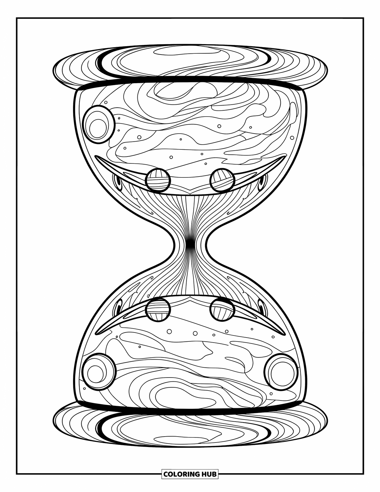 Galaxy Coloring Page for Adults: A peaceful hourglass nebula scene with mirrored planets and soft symmetrical shapes