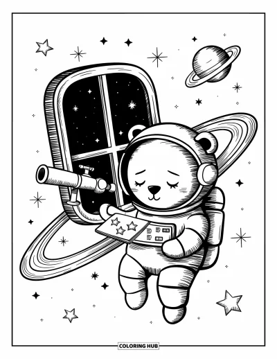 Galaxy Coloring Page for Adults: A sleepy bear floats by a telescope, sketching stars as a planet train passes by