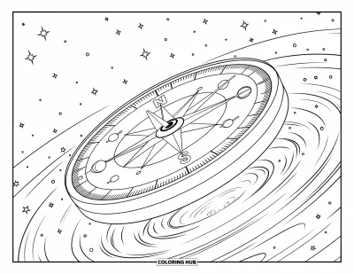 Galaxy Coloring Page for Adults: A space compass floats above a swirling galaxy filled with stars