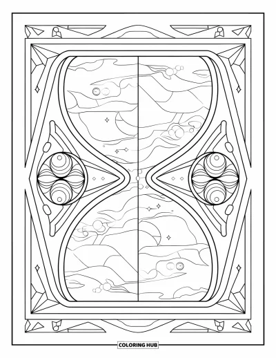 Galaxy Coloring Page for Adults: A symmetrical hourglass nebula features mirrored planets and soft, swirling space designs