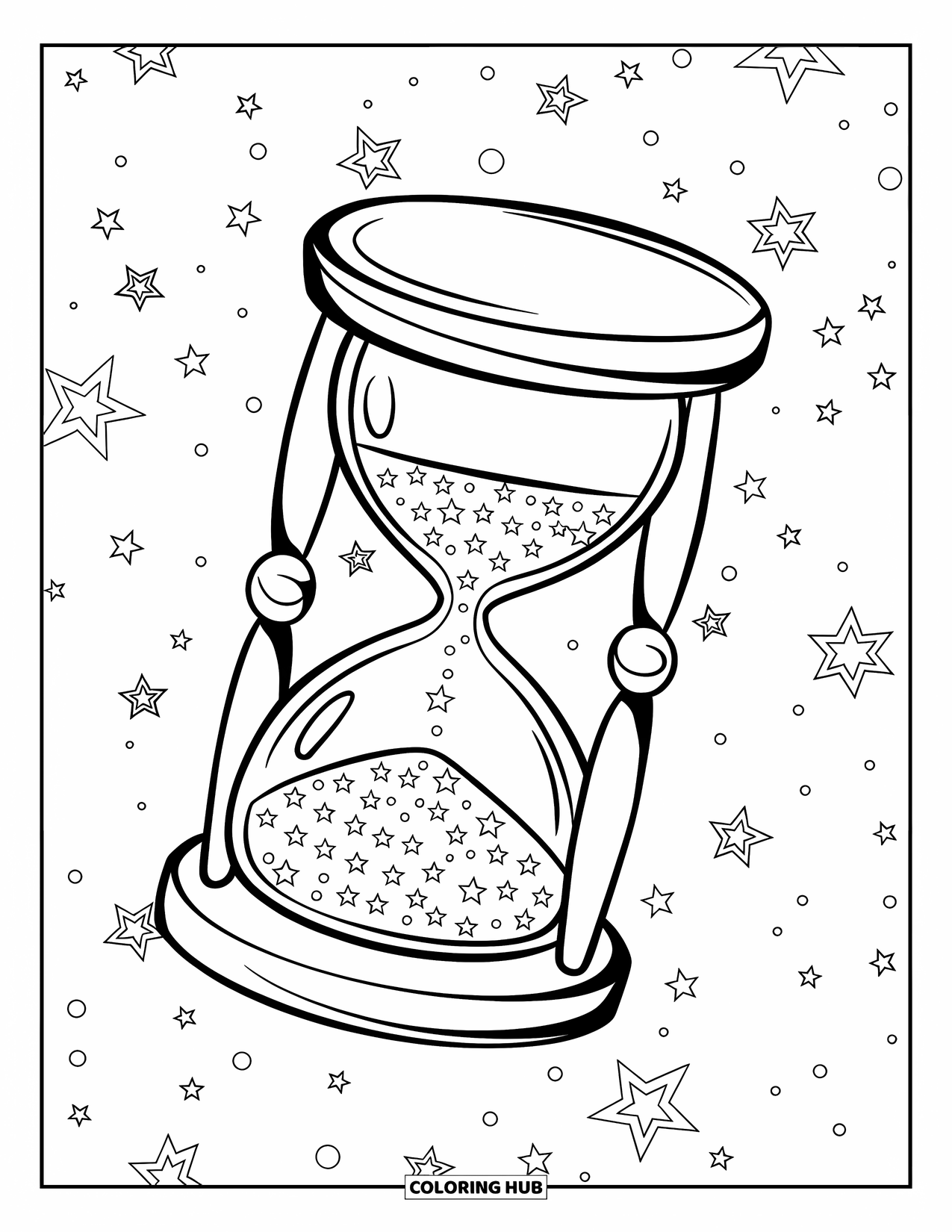 Galaxy Coloring Page for Adults: An hourglass floats in space, filled with tiny stars instead of sand