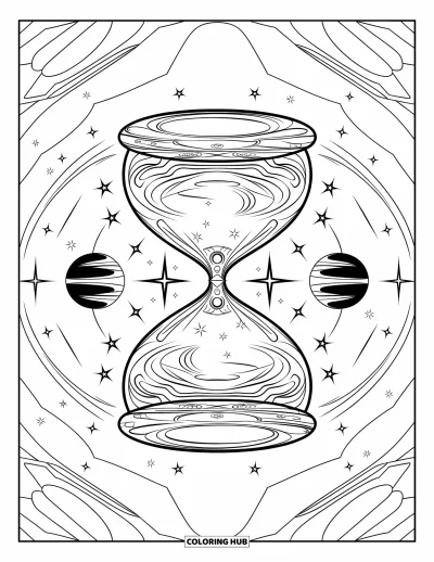 Galaxy Coloring Page for Adults: An hourglass nebula sits between mirrored planets in a calm, starry sky